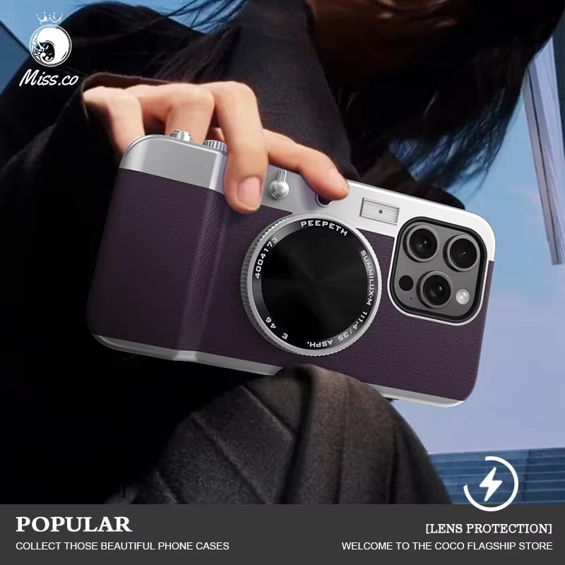 Retro Bluetooth Camera Phone Case for Iphone 15 14 13 12 Pro Max Magnetic Cosmetic Mirror for Iphone 15Promax Hard Phone Cover